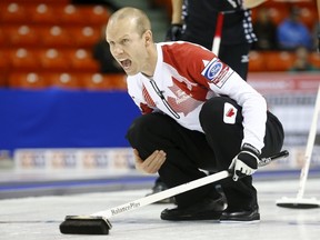 Canada's skip Pat Simmons calls a shot against Japan during the 10th draw of the World Men's Curling Championships in Halifax, Nova Scotia, March 31, 2015. (REUTERS/Mark Blinch)