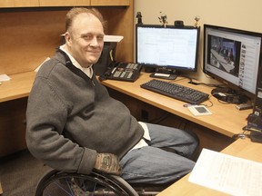 Neil Allen, in his office at the Independent Living Centre, is the local co-ordinator of a program that supplies funds to people with physical disabilities so they can hire their own in-home help. TUES, MARCH 31, 2015 KINGSTON, ONT. MICHAEL LEA THE WHIG-STANDARD QMI AGENCY