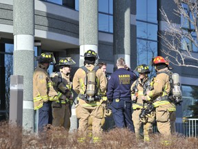 Barrie emergency crews were called after a suspicious envelope containing white powder was delivered to MP Patrick Brown office, March 31, 2015. (MARK WANZEL/QMI Agency)