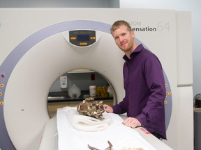University of Alberta palaeontology student Aaron van Der Reest gets two two dinosaur pelvis fossils ready for a CT scan at the Mazankowski Alberta Heart Institute, ABACUS Research Centre in Edmonton on Tuesday, September 23, 2014. U of A researchers recently found the pelvis of an unknown theropod dinosaur part of the “raptor” group of dinosaurs, made famous by Jurassic Park. They want to compare their internal anatomy to that of the known Dromiceiomimus, currently featured in the U of A Museums exhibition Discovering Dinosaurs. Photo Supplied/University of Alberta Museums