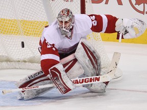Detroit Red Wings goalie Petr Mrazek deflects a puck in the third period against the Winnipeg Jets. The Red Wings defeated the Jets 4-3.
(Brian Donogh/Winnipeg Sun/QMI Agency)