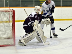 Netminder Chris Wray guards the fort for the MacEwan Griffins in a late-season Alberta Colleges Athletic Conference game with the Keyano Huskies (Supplied photo).