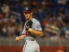 The Nationals rotation of Stephen Strasburg (pitchured), Doug Fister, Gio Gonzalez, Jordan Zimmerman and Max Scherzer could be the best in all of baseball this season. (AFP)