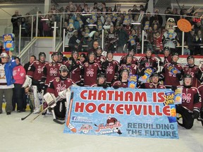 Spearheaded by Maroons super fan, Chad Peterson (pictured on the ice, second from far left), the Chatham bid has won $100,000 in arena improvements. (BLAIR ANDREWS, QMI Agency file photo)