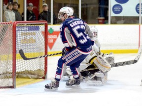 Dylan Sakatch, of the Cochrane Crunch, beats Powassan Voodoos goalie Matt Young with a second-period goal to give the home side a 4-3 lead during Game 1 of their NOJHL East Division final at the Tim Horton Event Centre in Cochrane Friday night. The Crunch went on to post a 7-4 victory and take a 1-0 lead in the best-of-seven series.