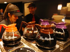 Tim Hortons employees prepare coffee before the company's annual general meeting in Toronto. (REUTERS/Peter Jones)
