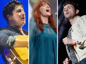 (L-R) Marcus Mumford of Mumford & Sons, Florence Welch of Florence + the Machine, and Damon Albarn of Blur. (Reuters/WENN.COM file photos)