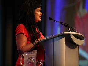 Little Warriors founder and chair Glori Meldrum speaks at the Little Warriors annual luncheon at the Shaw Conference Centre on Wednesday, April1 2015 in Edmonton, AB.  TREVOR ROBB/EDMONTON SUN