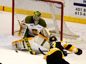 The Kingston Frontenacs have scored only three goals on 92 shots in three games against North Bay goalie Jake Smith in the first-round Eastern Conference playoff series. The Battalion lead the series 3-0. (Annie Sakkab/For The Whig-Standard)