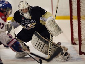 Kingston Voyageurs’ Adam Moodie shoots on Trenton Golden Hawks goalie Riley Brown during Game 4 of the Ontario Junior Hockey League North-East Conference final at the Invista Centre on Wednesday.
(Annie Sakkab/For The Whig-Standard)