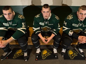 London Knights Jack Hindi, Owen McDonald and Chandler Yakimowicz pose for a photo in the lockerrom at Budweiser Gardens in London Knights in London. These three players have been a powerful asset to the team. (ANDREW LAHODYNSKYJ, Special to The Free Press)