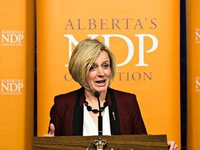 Alberta NDP leader Rachel Notley responds to Premier Jim Prentice's televised pre-budget speech at the Alberta Legislature Building in Edmonton, Alta., on Tuesday, March 24, 2015. Codie McLachlan/Edmonton Sun/QMI Agency