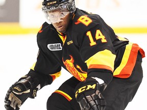 Bulls D Jordan Subban scored Belleville's lone goal in a 2-1 O.T. loss to Barrie in OHL playoff action Wednesday night at Yardmen Arena. (Aaron Bell/OHL Images)