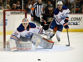 Ben Scrivens watches the puck during second-period action against the Ducks Wednesday at Anaheim. (USA TODAY SPORTS)