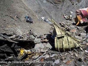 A general view of debris, seen in this picture made available to the media by the French Interior Ministry April 1, 2015, from the wreckage of a Germanwings Airbus A320 which crashed, near Seyne-les-Alpes.   REUTERS/French Interior Ministry/DICOM/Y. Malenfer/Handout