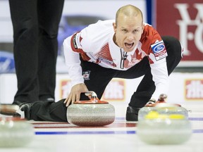 Canada's skip Pat Simmons calls a shot against Finland during the 15th draw of the World Men's Curling Championships in Halifax, Nova Scotia, April 2, 2015. (REUTERS/Mark Blinch)