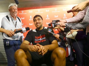 The media gets its first look at 7-foot-5 Toronto born draft prospect Sim Bhullar during a Raptors pre-draft workout camp at the Air Canada Centre on June 11, 2014. (Dave Abel/Toronto Sun/QMI Agency)