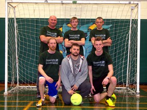 Tillsonburg Indoor Soccer's 2014-15 league champs DoneRight Landscaping. In the front row are Don Evanitski, Nathan Matos, and Eric Kok; and in the back row Harry VandenBiggelaar, Max Evanitski, and Arie Verveer. Absent from photo: Stephen Richardson. (CONTRIBUTED PHOTO)