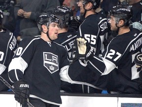 Tanner Pearson of the Los Angeles Kings celebrates his goal with Alec Martinez during NHL play against the New York Rangers at Staples Center January 8, 2015 in Los Angeles. (Harry How/Getty Images/AFP)