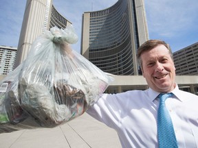 Toronto Mayor John Tory displays the trash he collected in only 15 minutes near City Hall on Thursday, April 2, 2015. (STAN BEHAL/Toronto Sun)