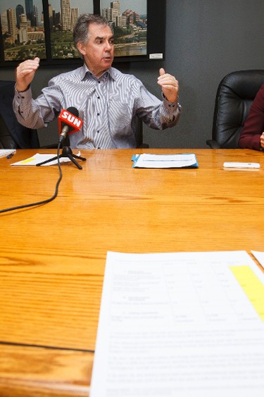 Alberta Premier Jim Prentice speaks to the Edmonton Sun in an editorial board meeting in Edmonton, Alta., on Thursday, April 2, 2015. Prentice answered questions regarding the economy, the provincial budget and politics in a wide-ranging conversation. Ian Kucerak/Edmonton Sun/ QMI Agency