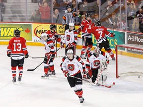 The Niagara IceDogs get the go-ahead goal 2-1 by Vince Dunn (4) against the  Ottawa 67's in game four of their OHL playoff series Wednesday April 1, 2015. (Bob Tymczyszyn/St. Catharines Standard/QMI Agency)