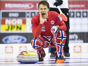 Norway's skip Thomas Ulsrud calls a shot against Japan during the 15th draw of the World Men's Curling Championships in Halifax, Nova Scotia, April 2, 2015.    REUTERS/Mark Blinch