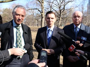 Paul Godfrey, left, and Derek Burney, right, announce their support on Thursday, April 2, 2015 for PC leadership candidate Patrick Brown. (Antonella Artuso/Toronto Sun)