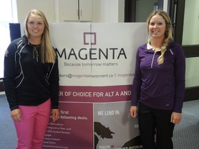 Brooke (left) and Brittany Henderson line up in front of a sign for Magenta, the title sponsor of a charity Pro-Am golf tournament in Smiths Falls June 15. (TIM BAINES OTTAWA SUN)