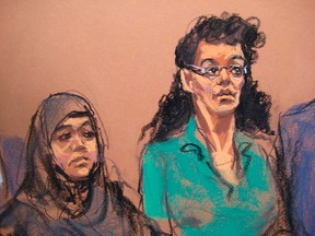 Noelle Velentzas, left, 28, and Asia Siddiqui, 31, appear in federal court after being arrested for an alleged conspiracy to build a bomb and wage a "terrorist attack" in the United States, according to a federal criminal complaint made public on Thursday, in Brooklyn, in this court drawing April 2, 2015.  REUTERS/Jane Rosenberg