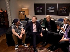 James Corden hosts 'The Late Late Show' from Tommy's couch. (YouTube screengrab)