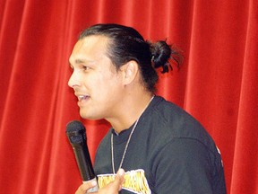 First Nations actor Adam Beach talks to the Walpole Island First Nations community at an event held at Walpole Island Elementary School on Thursday, April 3, 2015. Beach spent the entire day on Walpole Island and Wallaceburg talking to students and later the community about his career and the challenges he has had to overcome.
 DAVID GOUGH/COURIER PRESS/QMI AGENCY
