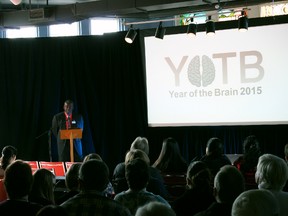 Carl Cadogan, CEO of the Brain Tumour Foundation of Canada, delivers the opening speech of the Year of the Brain 2015 Brain Fair at the Children’s Museum in London, Ont. April 1. MIRANDA BRUMWELL\SPECIAL TO THE LONDONER\QMI AGENCY