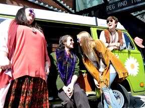 Cast members of the ongoing Grand Theatre production of Dream a Little Dream — Lili Connor (left), Isaac Bell, Katie Ryerson and Robert Markus — pose in front of a 1977 Volkswagon Westfalia Camper in downtown London April 1, 2015. CHRIS MONTANINI\LONDONER\QMI AGENCY