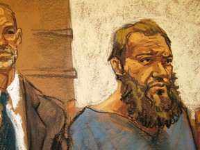 Muhanad Mahmoud al Farekh (2nd R) appears in court in New York, along with court-appointed lawyer, Sean Maher in this April 2, 2015 court sketch. Al Farekh, a U.S. citizen accused of training with al Qaeda in Pakistan and conspiring to kill Americans appeared in federal court in New York April 2, 2015 to face terrorism charges. REUTERS/Jane Rosenberg