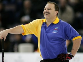 Alberta skip Randy Ferbey laughs as they take on Newfoundland and Labrador during Draw 3 at the 2005 Brier at Rexall Place on March 6, 2005. (Edmonton Sun/QMI Agency)