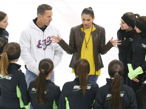 Elvis Stojko and his wife Gladys Orozco-Stojko with the Mexican synchronized skating on April 3 in Richmond Hill. (Veronica Henri, Toronto Sun)