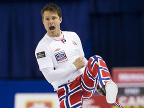 Norway's skip Thomas Ulsrud reacts after a shot against Canada during their page playoff 1-2 match at the World Men's Curling Championships in Halifax, Nova Scotia, April 3, 2015. (REUTERS/Mark Blinch)