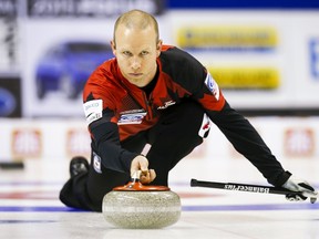 Canada's skip Pat Simmons delivers a rock against Finland during their bronze medal match at the World Men's Curling Championships in Halifax, Nova Scotia, April 5, 2015.    REUTERS/Mark Blinch