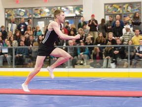 Sudbury's  Denis Vachon competes in the men's double mini trampoline (DMT) finals at the Elite Canada 2012 in Airdrie, Alta., at Genesis Place on April 6, 2012.