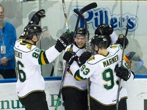 London Knights celebrate defeating Kitchener Rangers in game 6. (CRAIG GLOVER, The London Free Press)