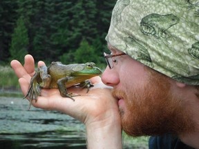 Photo supplied     
Laurentian University biology graduate Patrick Moldowan, seen here studying a frog up close, has been selected for a scholarship that will send him to the island of Mauritius in the Indian Ocean to work for the recovery of endangered species.