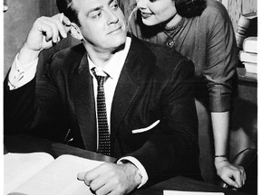 Actors Raymond Burr and Barbara Hall are shown in a publicity shot from the 1950s and 1960s television series Perry Mason. Robert Dennis, a former ballplayer from Courtright, was a writer on the show.  
(Handout photo)