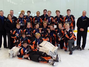 The Kent TekSavvy Bantam AE1 Cobras had a successful season, reaching the finals of the Bluewater League Day of Champions. Pictured are: Front: Andrew Park. Second row: Noah Legary and Caden Basso. Third row: Brett Graves, Brenden Bellan, Jake Reid, Ryan Baker, Carter McArthur, Ryley Hulme, and Brendyn Mardling. Fourth row: Christine Havens (manager), Caleb Havens, Evan Rae, Jared Eaton, Cole Graves, Jacob DeForest, Conner Lovell, Mark Swis (coach), and Don Legary (trainer). Fifth row: Mike Emrich (assistant coach), Chris Mardling (assistant trainer), Kyle Swis, and Zak Mainville. Absent: Matthew Roberts. (Submitted photo)