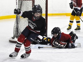 Dayten Porter (left) of the B&D Fullarton Farm Senators celebrates one of his three goals to lead his squad to an 8-3 win over TD/Canada Trust Canadiens.  ANDY BADER/MITCHELL ADVOCATE