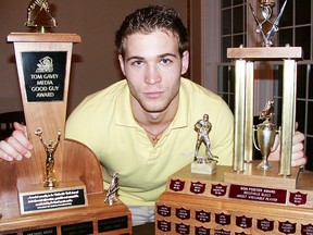 Former Belleville Bulls forward Tyler Donati poses with the Tom Gavey Media Good Guy Award and the Don Foster MVP Award after his 54-goal season in 2006-07. (Intelligencer file photo by Paul Svoboda)