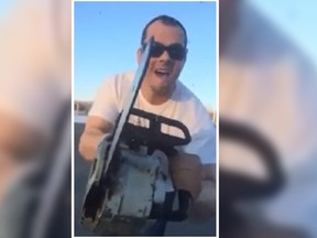 Police have arrested a man who allegedly threatened a family with a chainsaw in a case of road rage captured on video in the Montreal area. (YouTube screengrab)