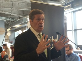 Mayor John Tory speaks at the Ryerson Digital Media Zone on Monday, April 7, 2015. (DON PEAT/Toronto Sun)