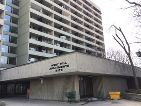 It is believed the man fell from the seventh floor of this apartment building at 4175 Lawrence Ave. W. in Toronto, April 6, 2015. (CHRIS DOUCETTE/QMI Agency)
