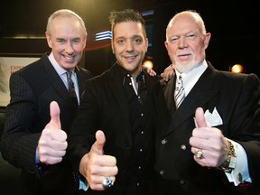 George Stroumboulopoulos (M) with Ron MacLean (L) and Don Cherry during the Hockey Night In Canada hosting announcement in March 10, 2014. (Craig Robertson/Toronto Sun)